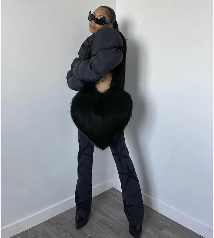 Heart Shaped Fur Purse For Women -Furry Shoulder Crossbody Bags-Luxury Trendy Y2k Girls Handbag