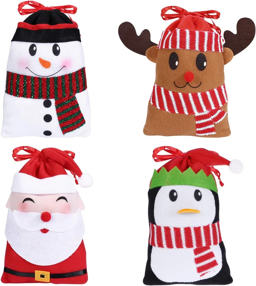 Hemoton 12PCS Christmas Candy Bags Gift Treat Bags for Favors and Decorations Super Cute Snowman Santa Claus Deer Penguin