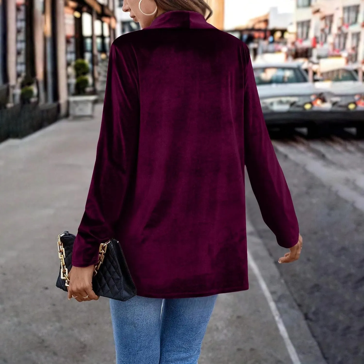 HGps8w Velvet Blazers for Women Vintage Suit Jackets Elegant Open Front Long Sleeve Loose Outerwear with Pockets