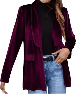 HGps8w Velvet Blazers for Women Vintage Suit Jackets Elegant Open Front Long Sleeve Loose Outerwear with Pockets