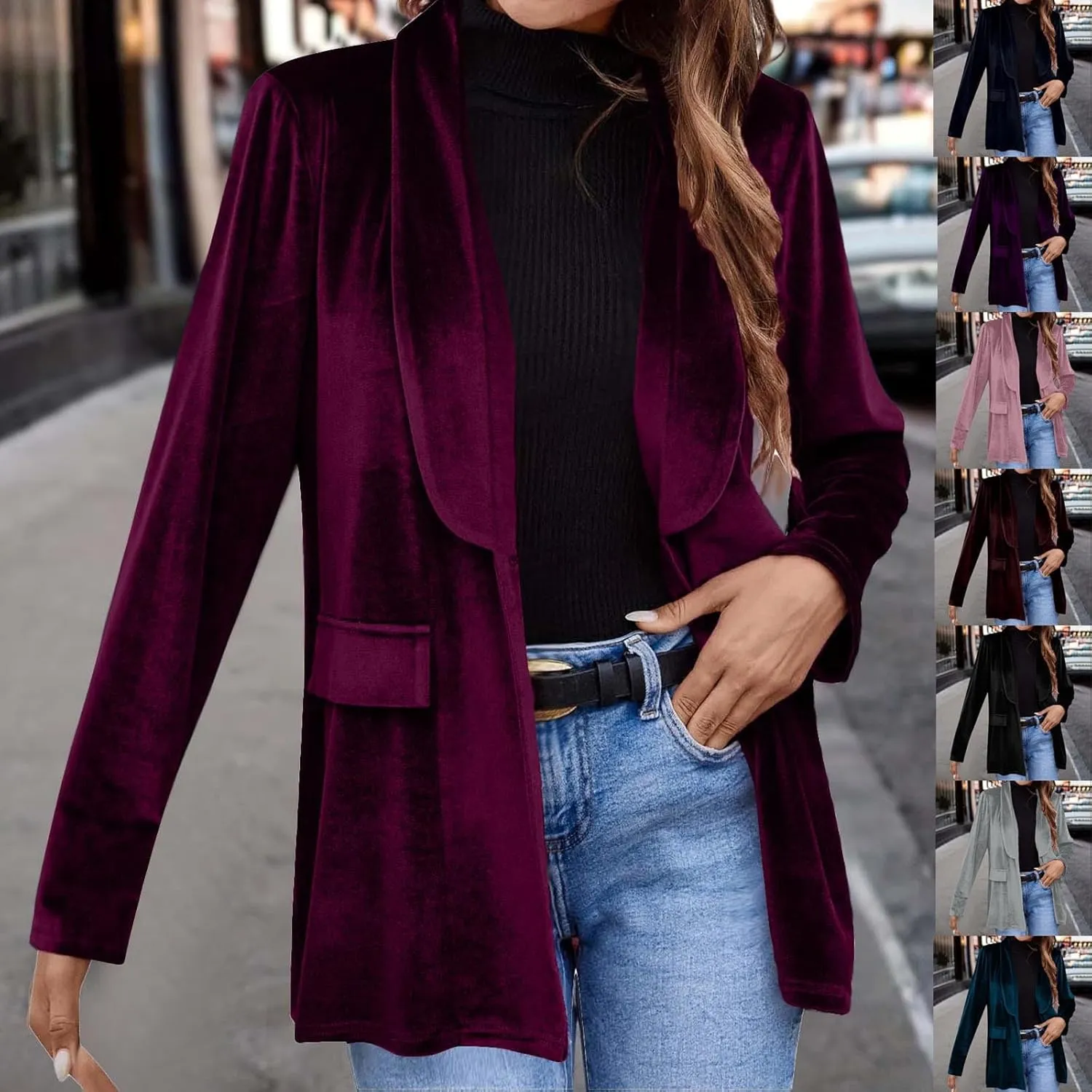 HGps8w Velvet Blazers for Women Vintage Suit Jackets Elegant Open Front Long Sleeve Loose Outerwear with Pockets