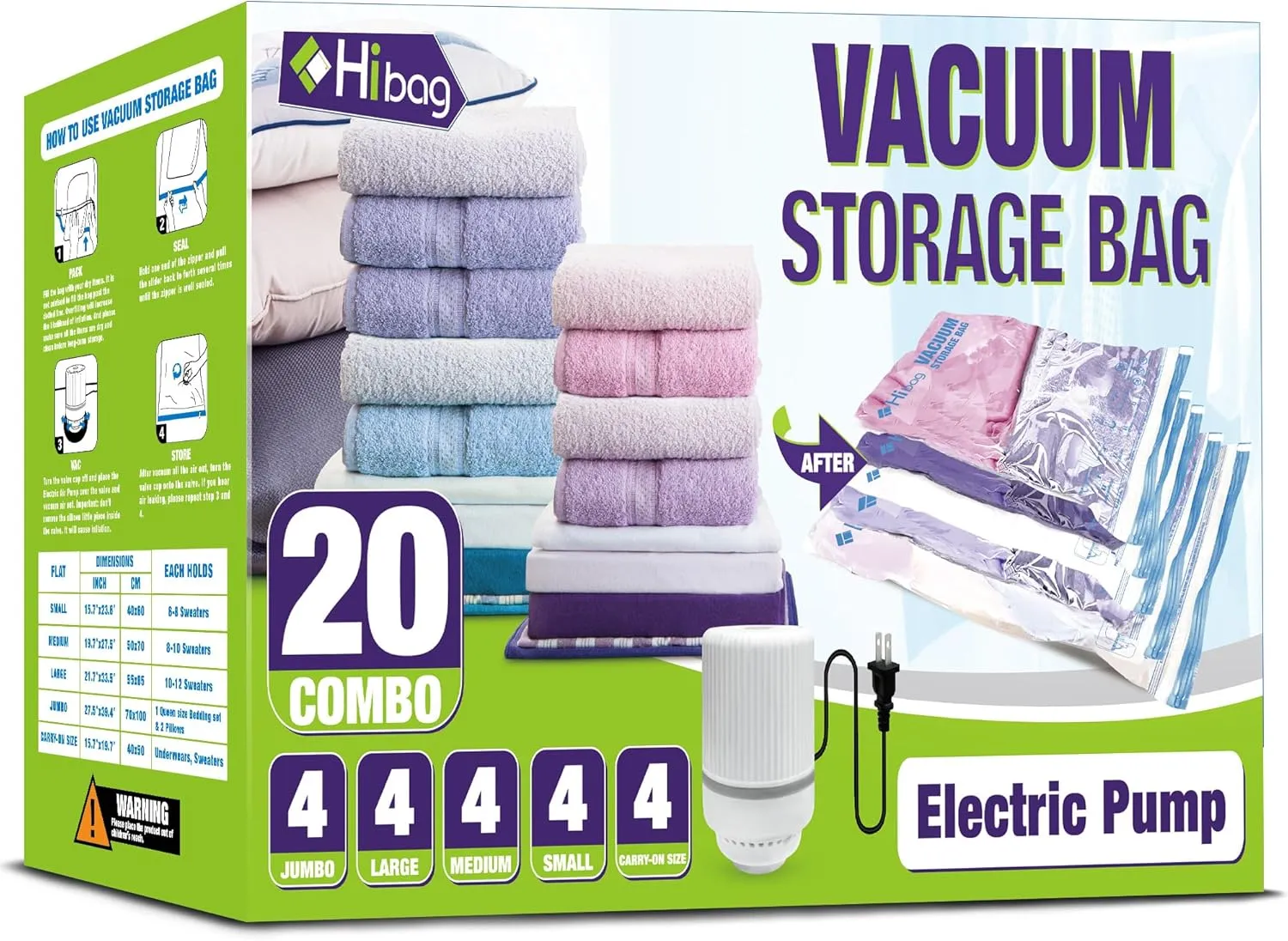HIBAG Vacuum Storage Bags with Electric Pump, Vacuum Seal Space Saver Bags for Clothes, Clothing, Pillows, Blanket Bedding Comforters, Combo 20 pack