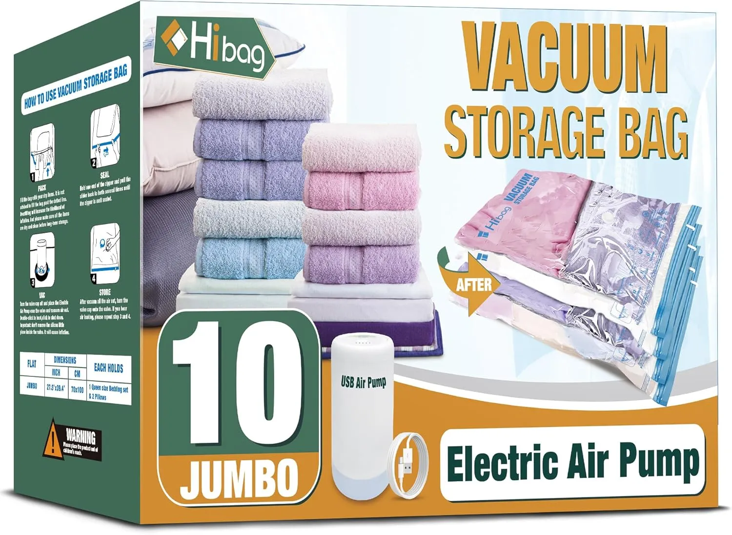 HIBAG Vacuum Storage Bags with Electric Pump, Vacuum Seal Space Saver Bags for Clothes, Clothing, Pillows, Blanket Bedding Comforters, Jumbo 10 pack