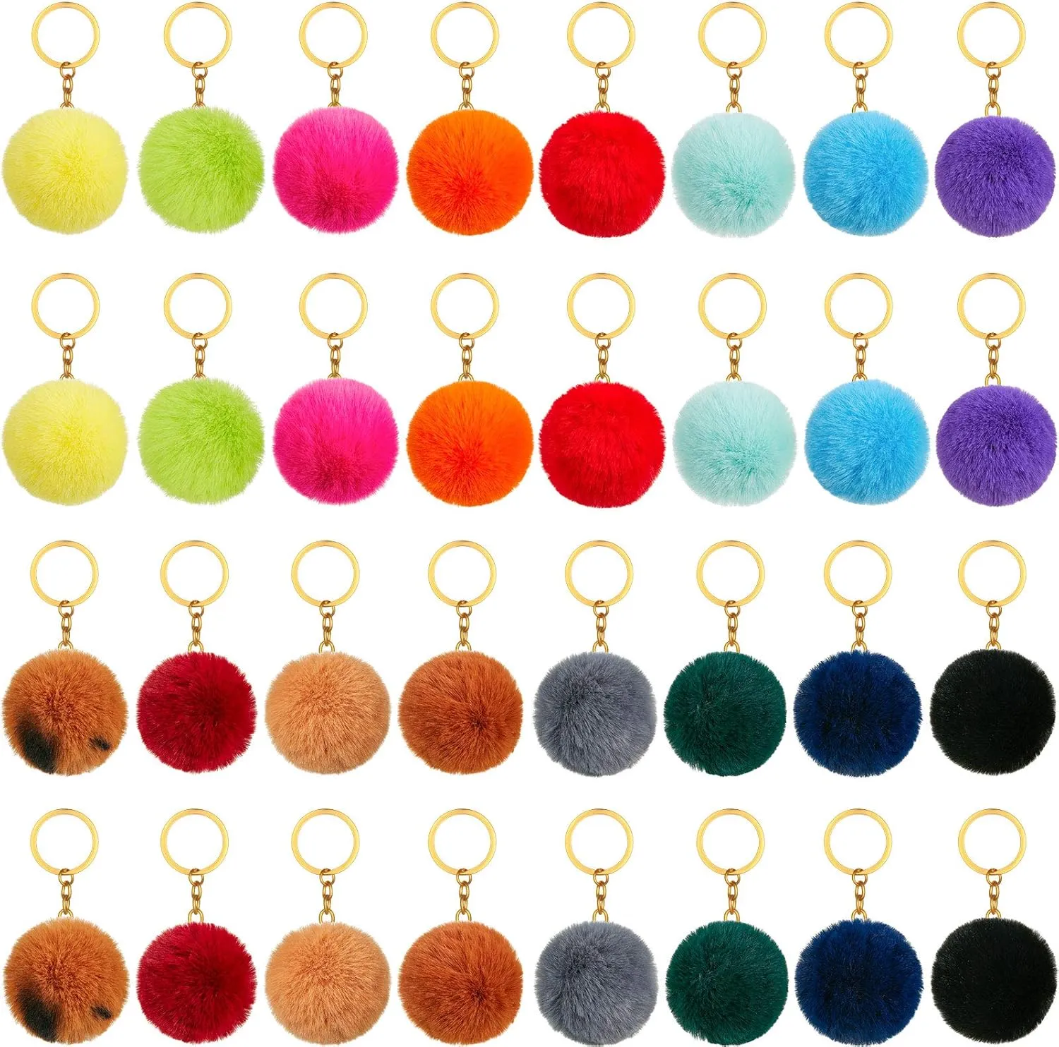 Hicarer 32 Pieces Pom Poms Keychains Fluffy Ball Faux Rabbit Fur Pompoms Keyring for Girls Women DIY Hats Shoes Bags Accessories