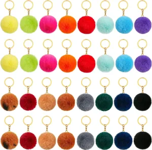 Hicarer 32 Pieces Pom Poms Keychains Fluffy Ball Faux Rabbit Fur Pompoms Keyring for Girls Women DIY Hats Shoes Bags Accessories