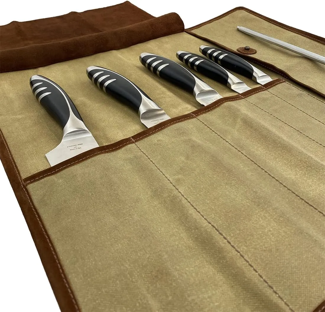 Hide & Drink, Rustic Knife Roll Case (5 pockets), Compact Carry-On Bag for Traveling Chefs & Cooks, Kitchen Tool Storage Organizer, Handmade, Waxed Canvas
