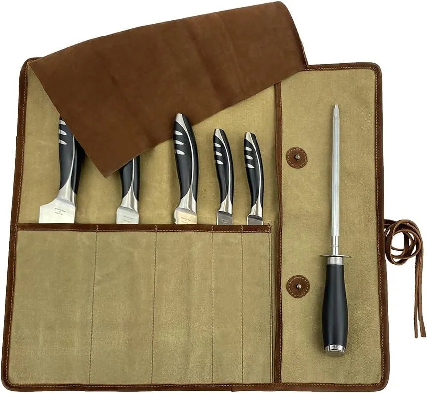Hide & Drink, Rustic Knife Roll Case (5 pockets), Compact Carry-On Bag for Traveling Chefs & Cooks, Kitchen Tool Storage Organizer, Handmade, Waxed Canvas