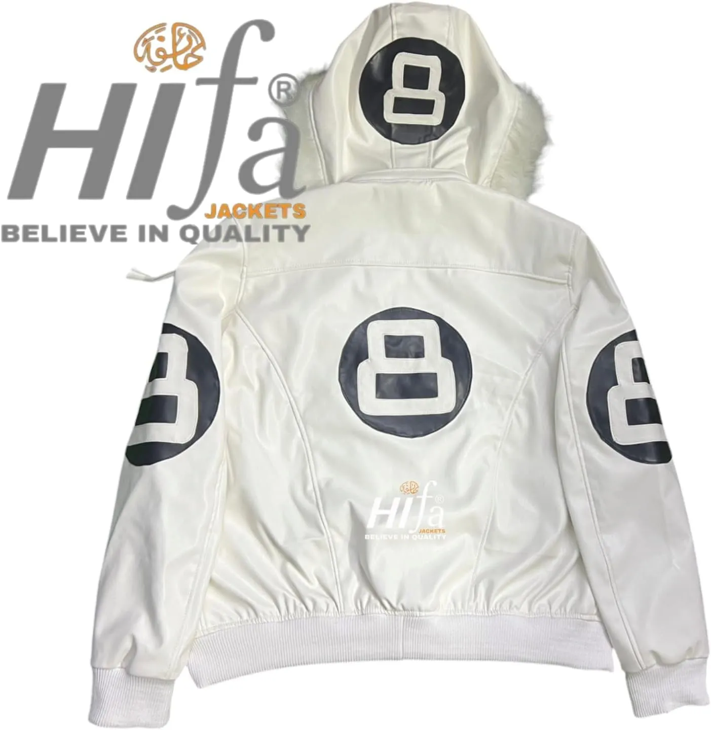 Hifa Men's Authentic 8 Ball Logo Pool Billiard Cue Bomber 90's Retro PU Faux Leather Jacket With Fur Hood