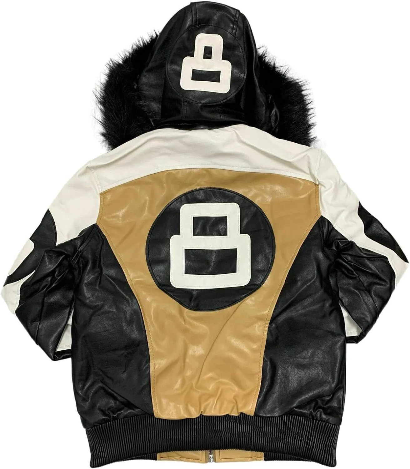 Hifa Men's Authentic 8 Ball Logo Pool Billiard Cue Bomber 90's Retro PU Faux Leather Jacket With Fur Hood