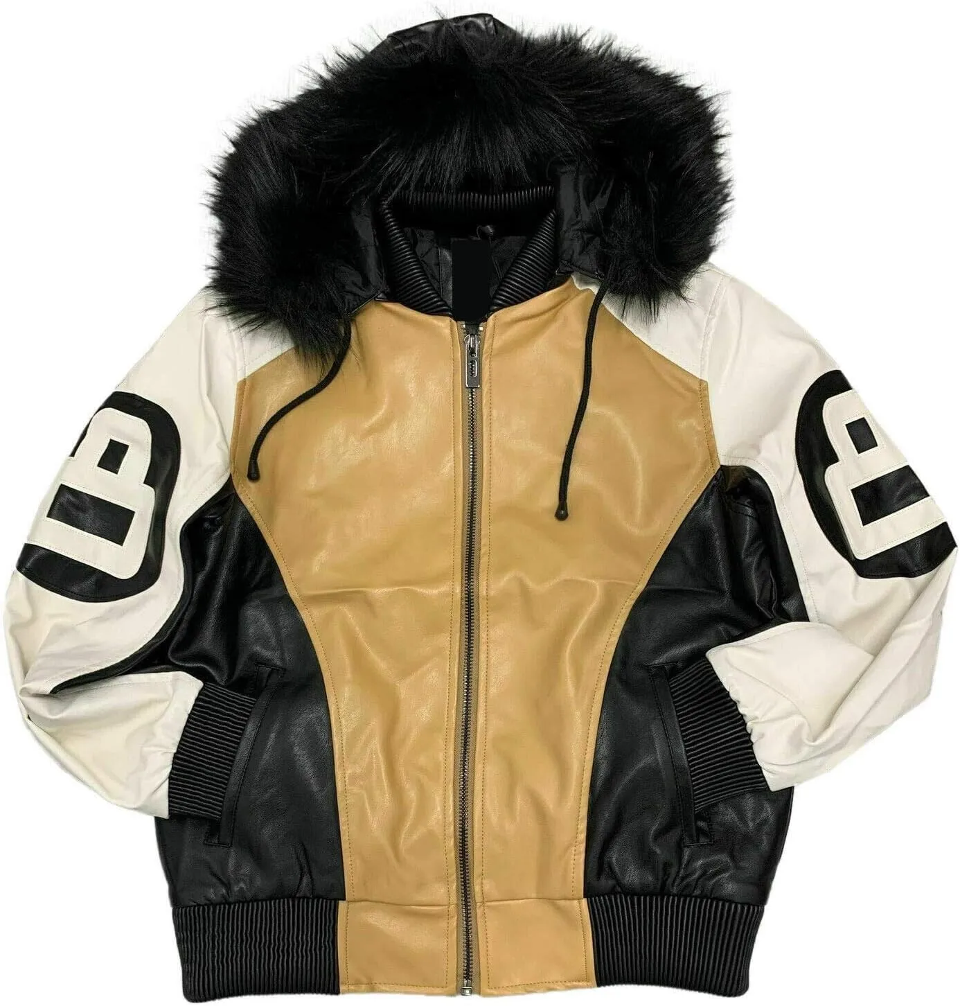 Hifa Men's Authentic 8 Ball Logo Pool Billiard Cue Bomber 90's Retro PU Faux Leather Jacket With Fur Hood