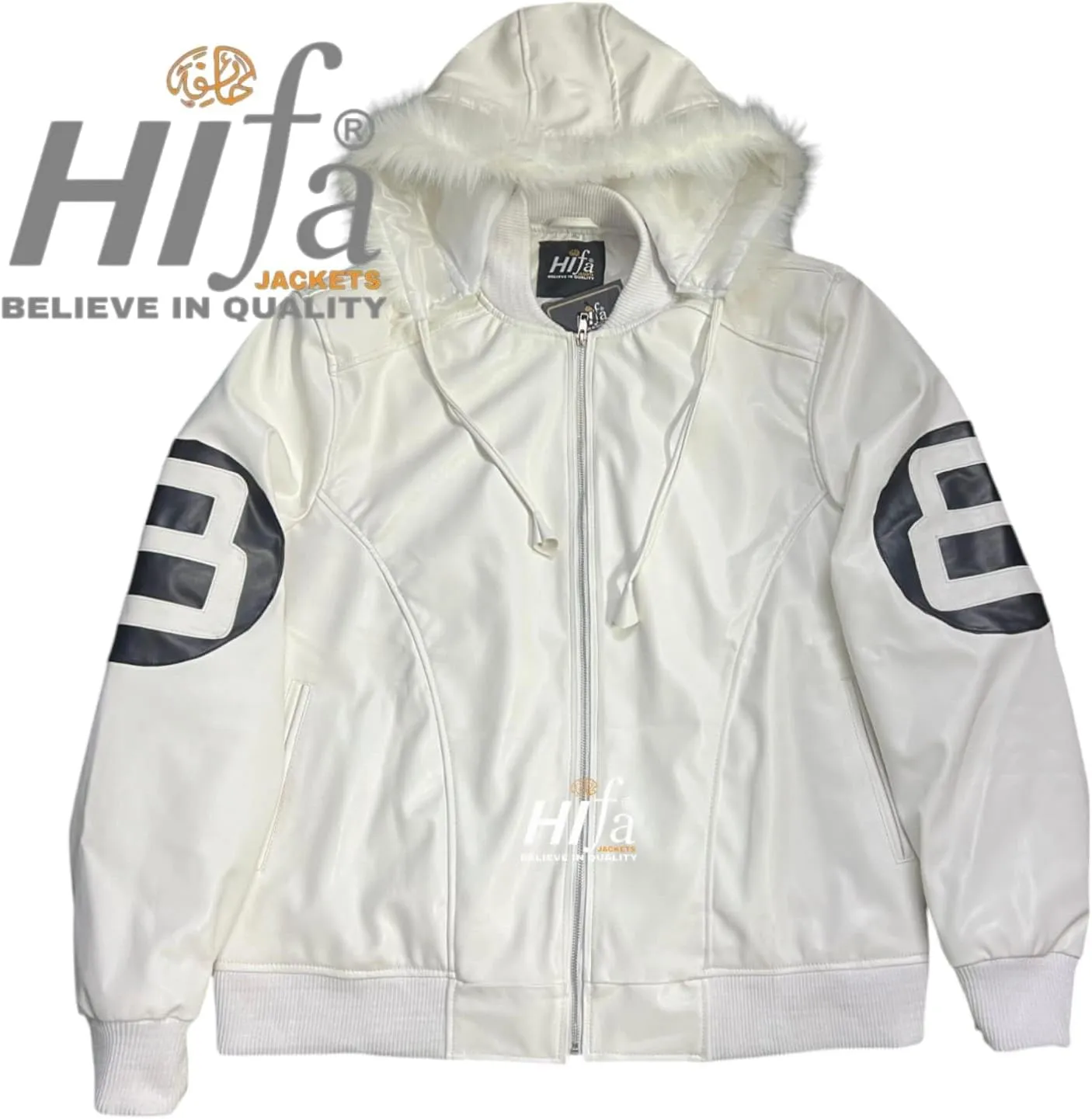 Hifa Men's Authentic 8 Ball Logo Pool Billiard Cue Bomber 90's Retro PU Faux Leather Jacket With Fur Hood