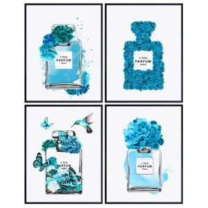High Fashion design Glam Wall Art - Blue Decor - Designer Perfume Bottle Poster Set - Haute couture Pictures - Bedroom Decor for Women, Living room decoration - Luxury Gift - Hummingbirds Butterflies