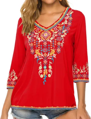 Higustar Mexican Tops for Women Embroidered Shirts Bohemian Hippie Clothes Tunic Fiesta Plus Size Boho Peasant Blouses