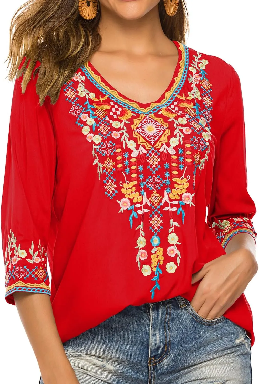 Higustar Mexican Tops for Women Embroidered Shirts Bohemian Hippie Clothes Tunic Fiesta Plus Size Boho Peasant Blouses