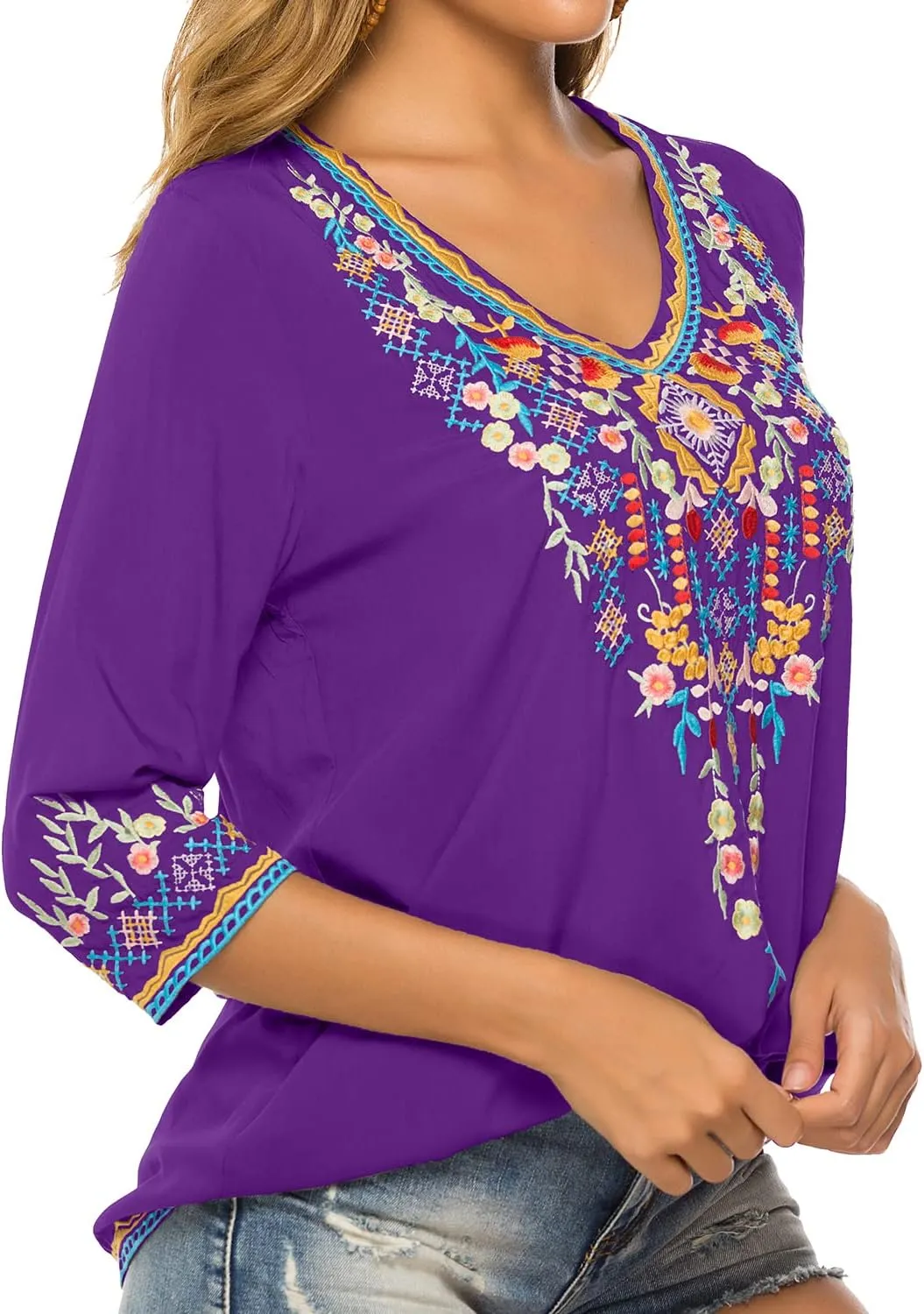 Higustar Mexican Tops for Women Embroidered Shirts Bohemian Hippie Clothes Tunic Fiesta Plus Size Boho Peasant Blouses