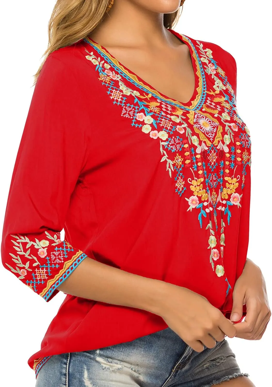 Higustar Mexican Tops for Women Embroidered Shirts Bohemian Hippie Clothes Tunic Fiesta Plus Size Boho Peasant Blouses