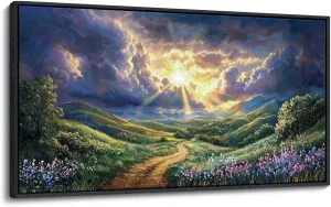 HKDGOKA Landscape Canvas Wall Art, Green Mountains Purple Clouds Flower Scenery Pictures Paintings Framed Artwork for Living Room Bedroom Bathroom Office Kitchen Home Wall Decor 20x40 IN