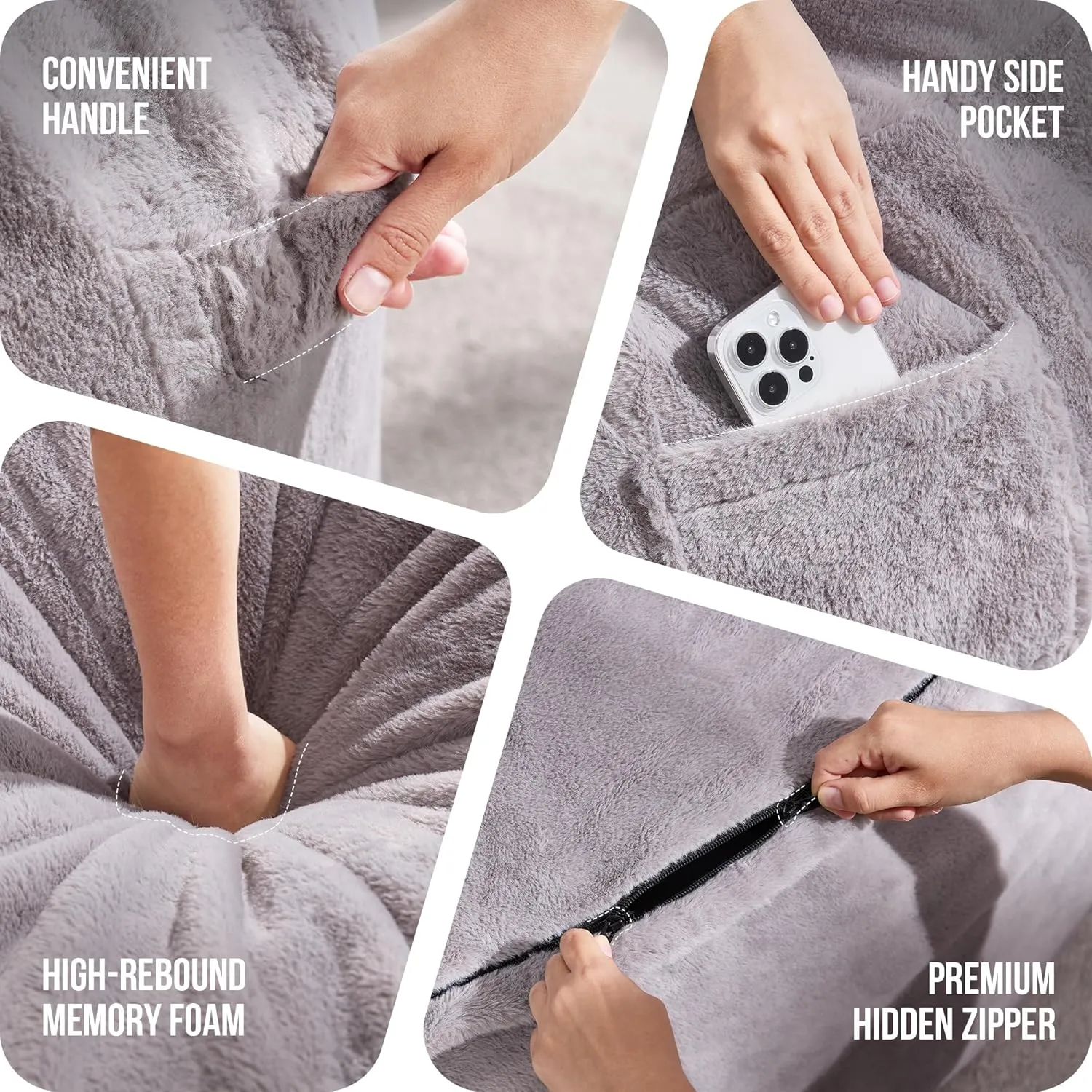 Hobestluk 5ft Bean Bag Chairs for Adults Large Beanbag Chair with Plush Faux Fur Cover Big Bean Bag Chair for Living Room Bedroom Dorm Office - Grey (50” x 50” x 24”)
