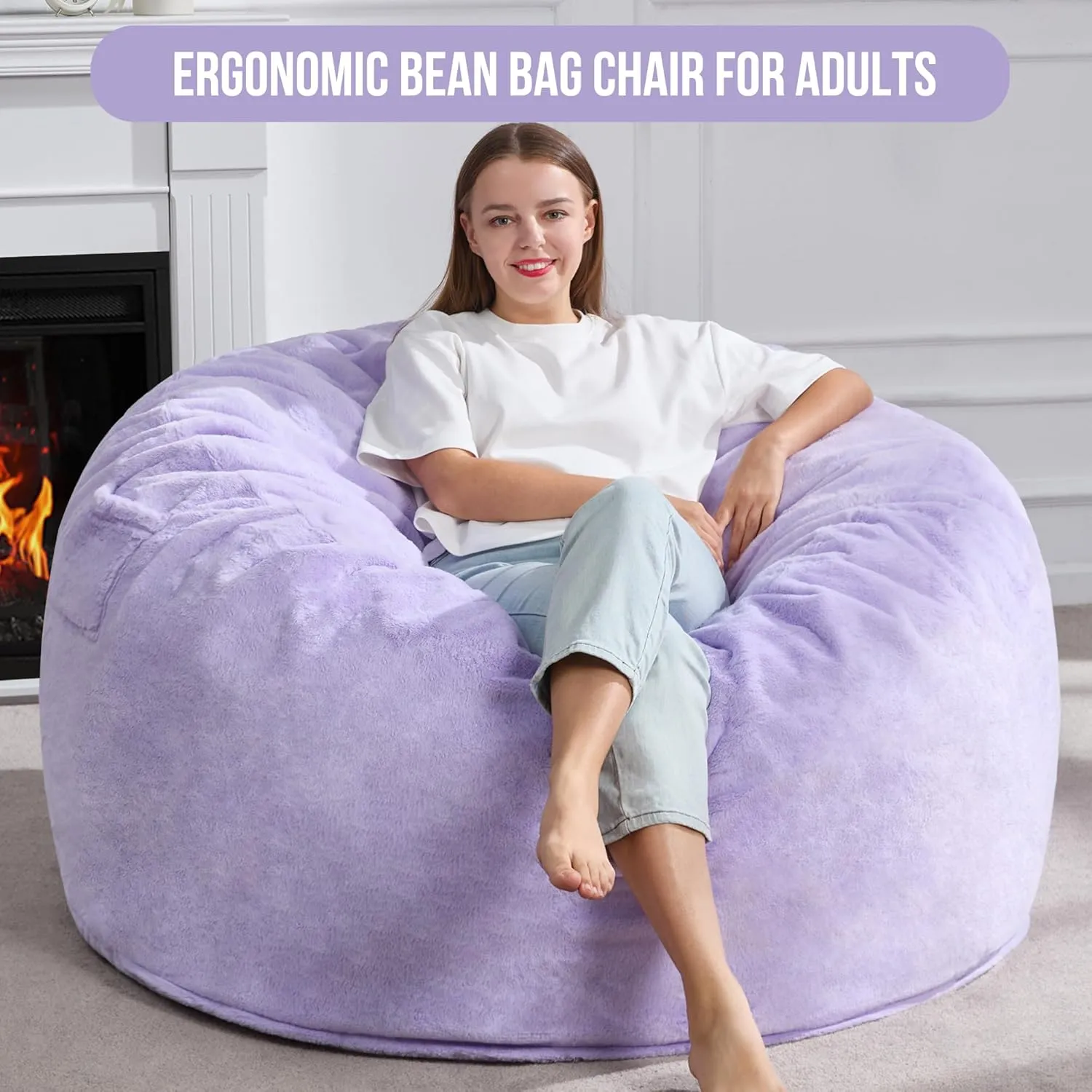 Hobestluk 5ft Bean Bag Chairs for Adults Large Beanbag Chair with Plush Faux Fur Cover Big Bean Bag Chair for Living Room Bedroom Dorm Office - Purple (50” x 50” x 24”)
