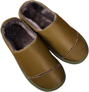 Home cotton slippers male winter indoor bag with warm home with lovers leather plush winter cowhide slippers