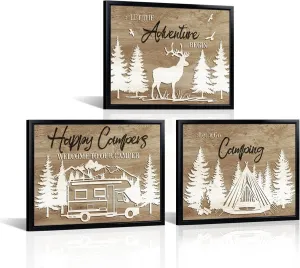 HOMEOART Camper Decor RV Camping Decor Adventure Travel Art Print with Black Frame, Rustic Cabin Farmhouse Decoration, Framed 12x16inchx3Pieces, Brown