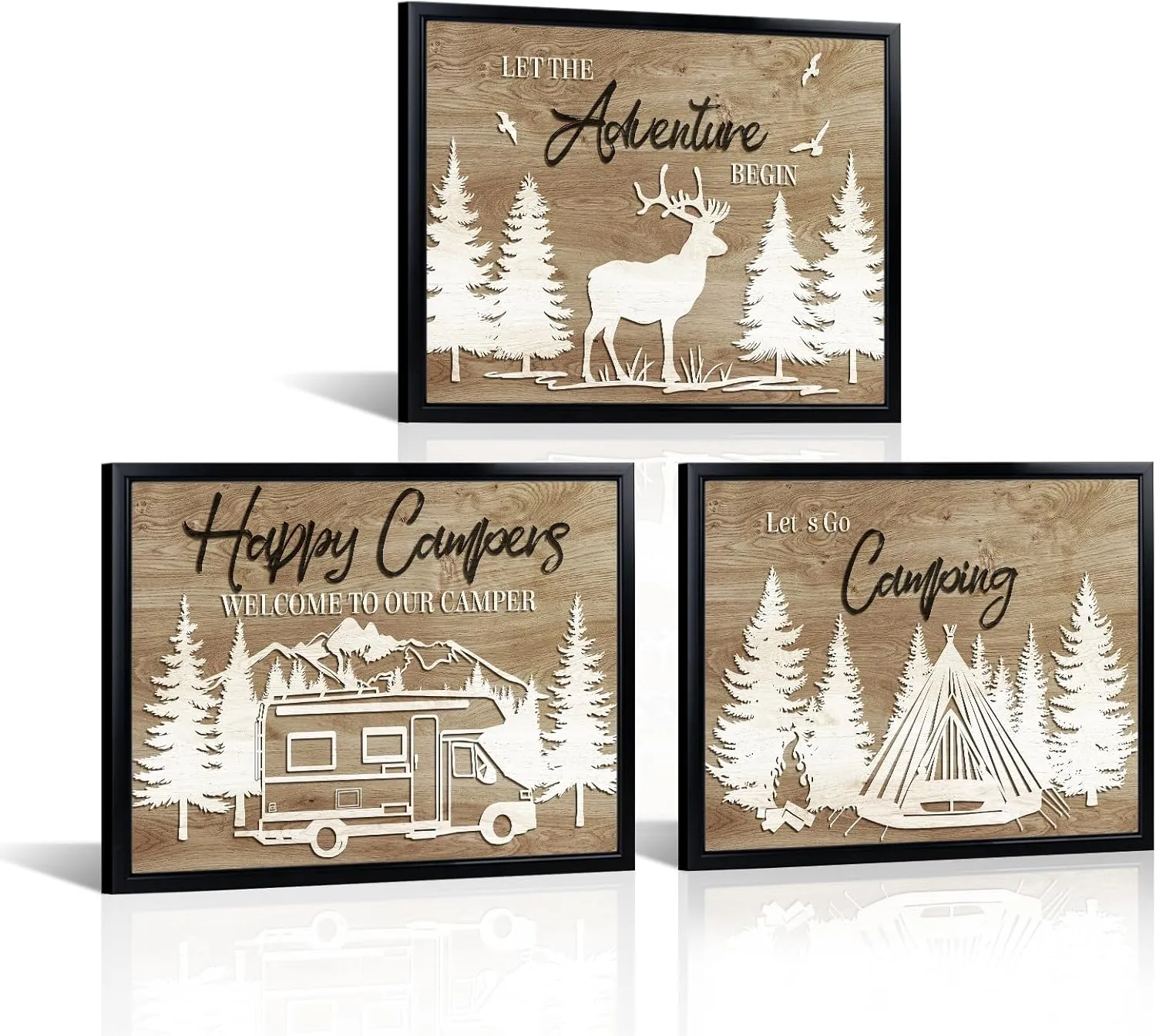 HOMEOART Camper Decor RV Camping Decor Adventure Travel Art Print with Black Frame, Rustic Cabin Farmhouse Decoration, Framed 12x16inchx3Pieces, Brown