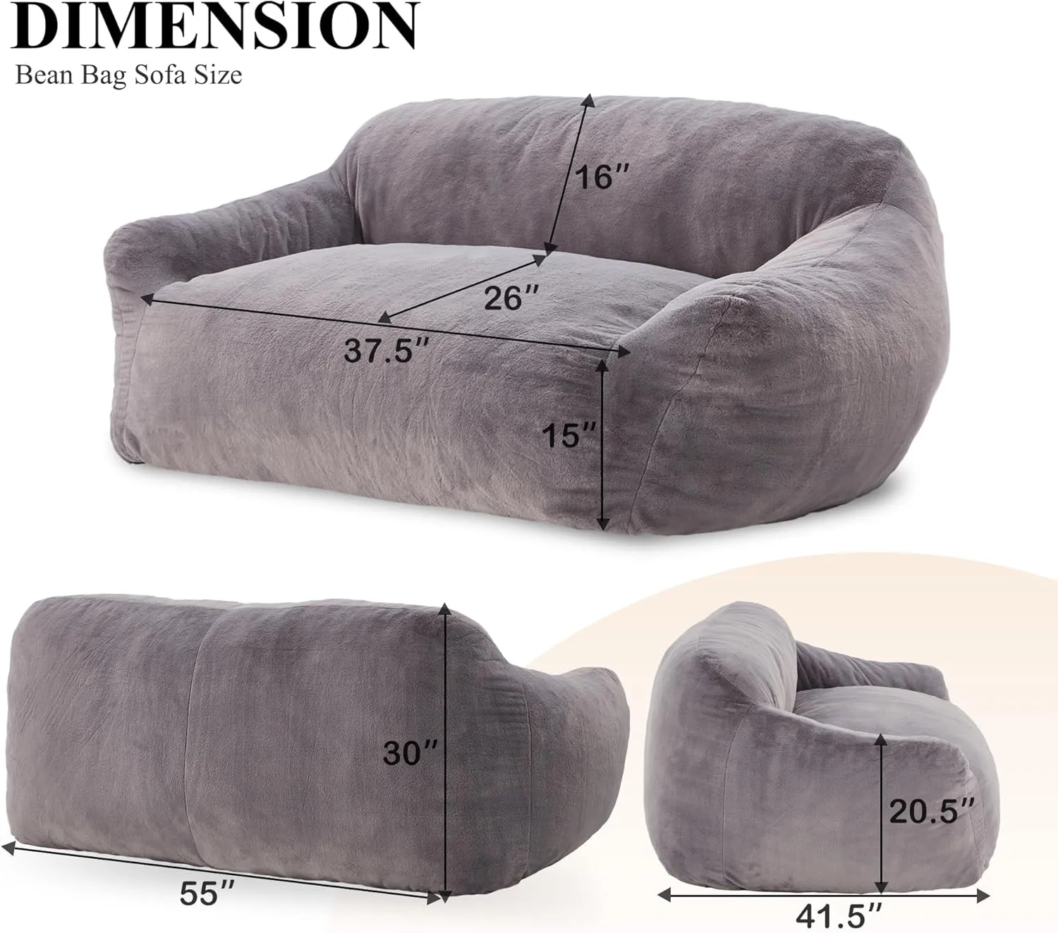 Homguava Oversized Bean Bag Chair for Adults, Giant Bean Bag Sofa,Bean Bag Couch Floor Sofa with Soft Faux Fur Cover & Wide Armrests Big BeanBag Lazy Sofa for Bedroom,Living Room,Apartment (Grey)