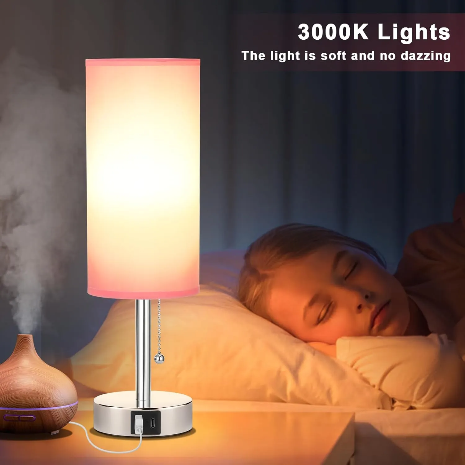 Hong-in Pink Bedside Lamp for Bedroom-Nightstand Lamps with 3 Color Modes with USB-C A Charging Ports, 3000/4000/5000k Bedroom Lights by Pull Chain