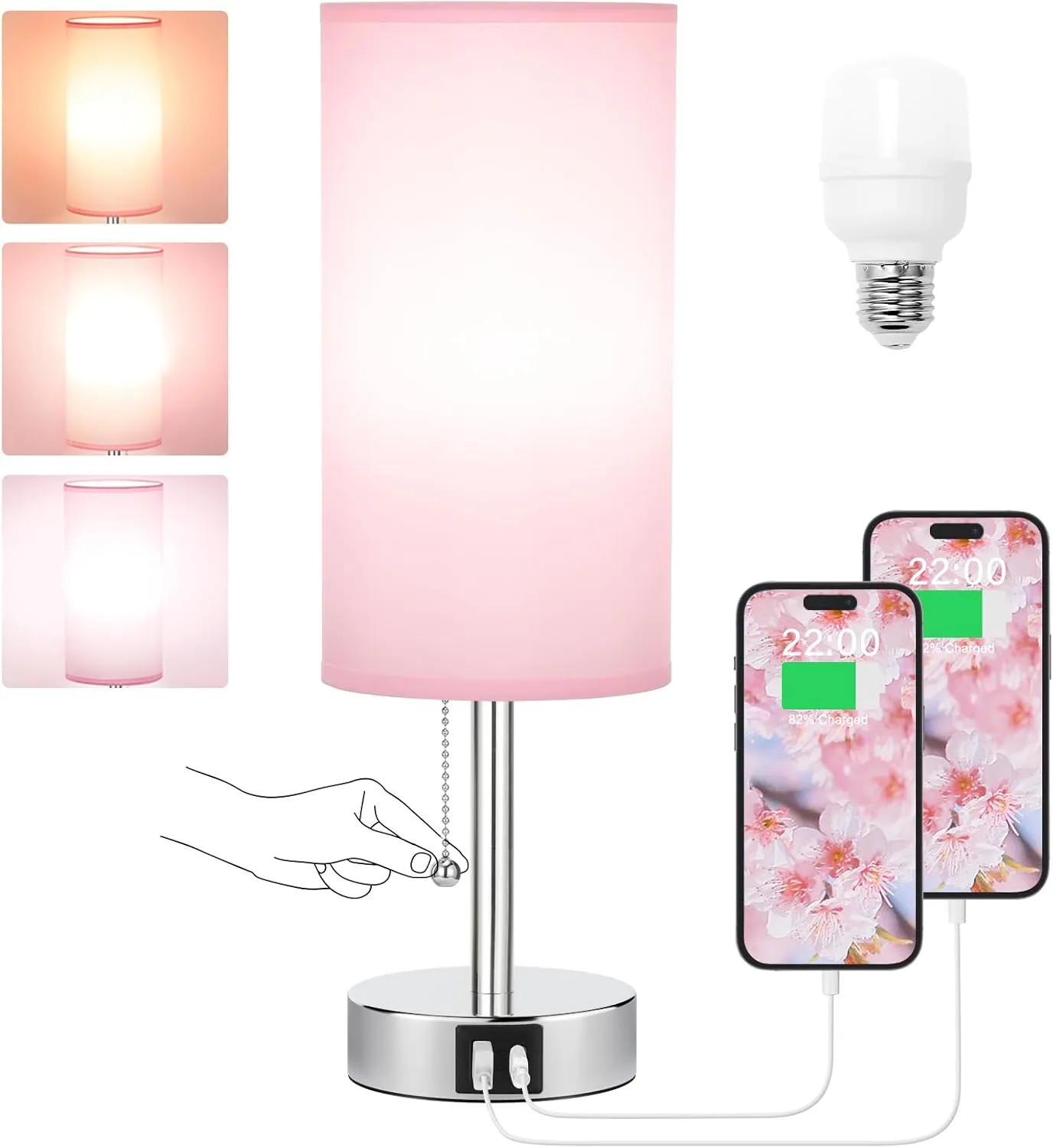 Hong-in Pink Bedside Lamp for Bedroom-Nightstand Lamps with 3 Color Modes with USB-C A Charging Ports, 3000/4000/5000k Bedroom Lights by Pull Chain