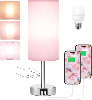 Hong-in Pink Bedside Lamp for Bedroom-Nightstand Lamps with 3 Color Modes with USB-C A Charging Ports, 3000/4000/5000k Bedroom Lights by Pull Chain