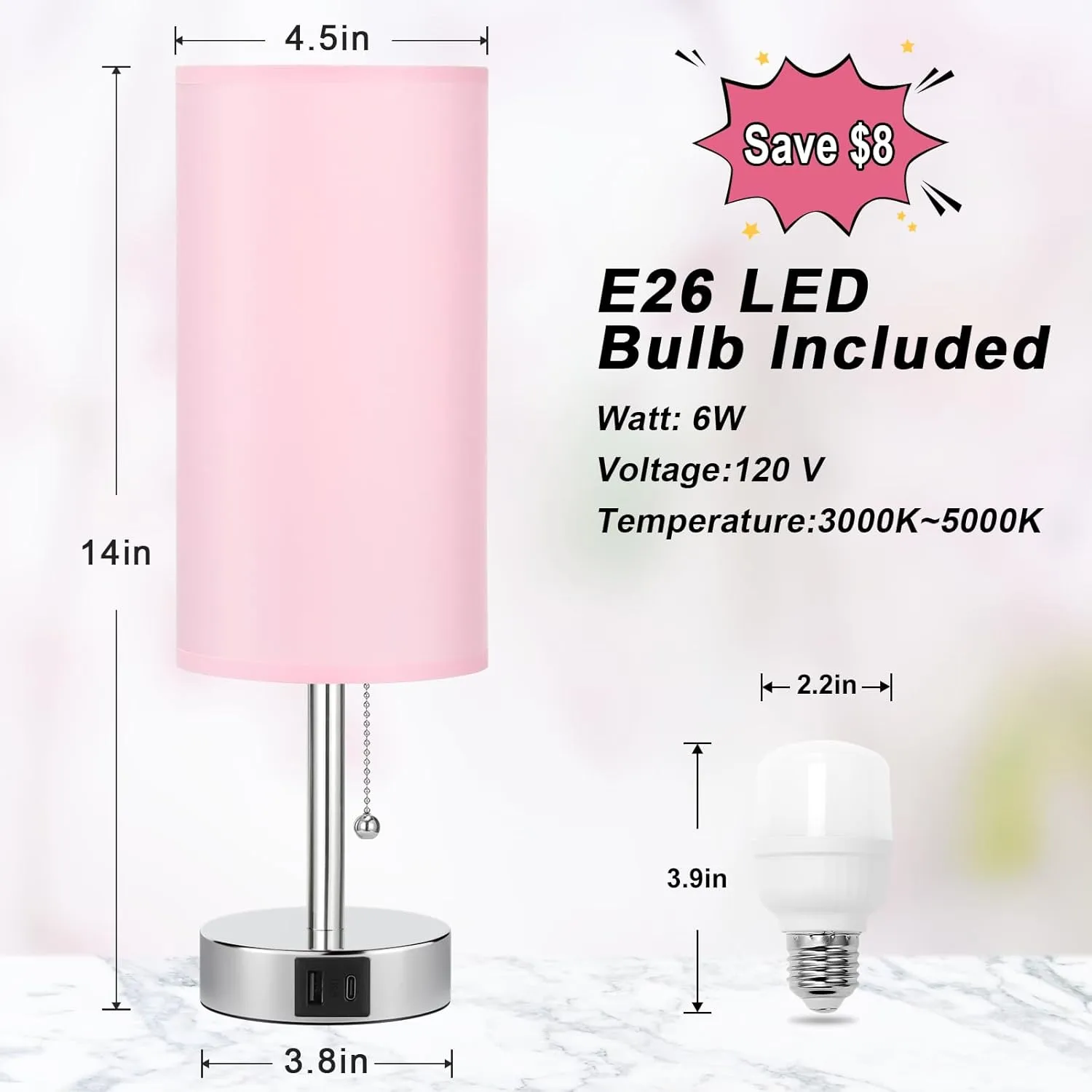 Hong-in Pink Bedside Lamp for Bedroom-Nightstand Lamps with 3 Color Modes with USB-C A Charging Ports, 3000/4000/5000k Bedroom Lights by Pull Chain