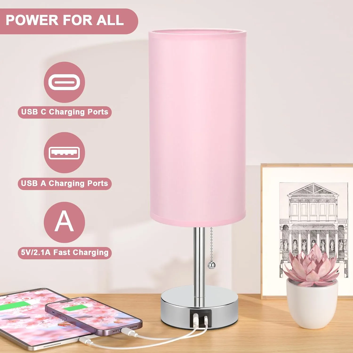 Hong-in Pink Bedside Lamp for Bedroom-Nightstand Lamps with 3 Color Modes with USB-C A Charging Ports, 3000/4000/5000k Bedroom Lights by Pull Chain
