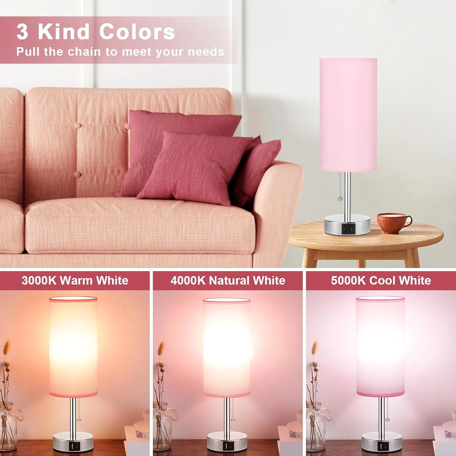 Hong-in Pink Bedside Lamp for Bedroom-Nightstand Lamps with 3 Color Modes with USB-C A Charging Ports, 3000/4000/5000k Bedroom Lights by Pull Chain