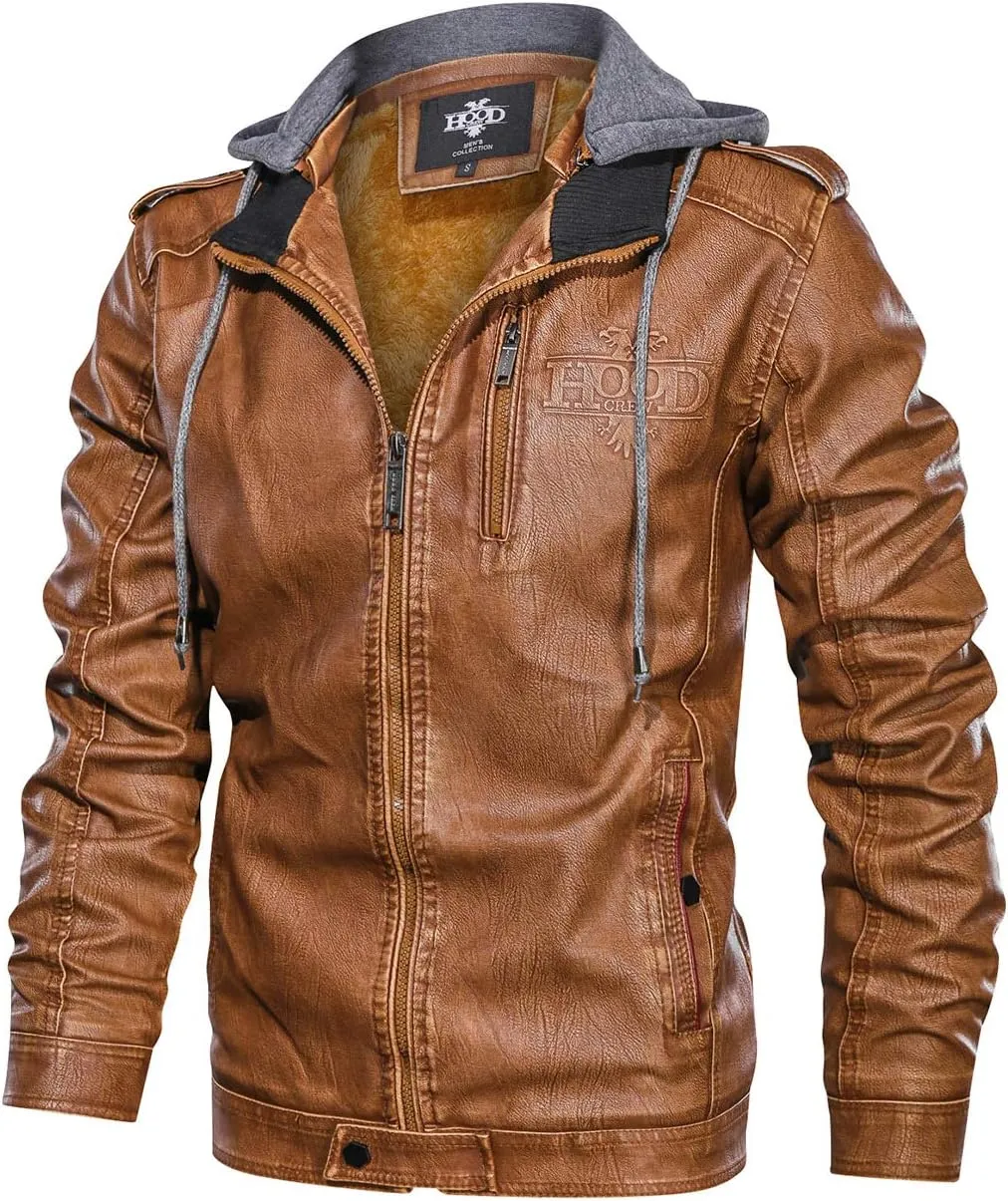 HOOD CREW Men’s Black Brown Coffee Stand Collar Warm PU Faux Leather Zip-Up Motorcycle Jacket with a Removable Hood