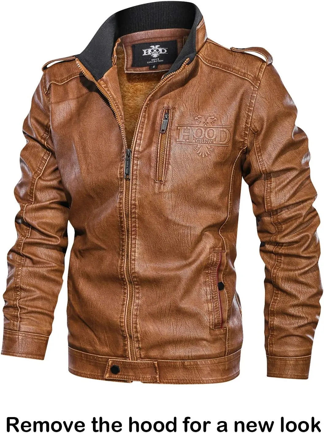 HOOD CREW Men’s Black Brown Coffee Stand Collar Warm PU Faux Leather Zip-Up Motorcycle Jacket with a Removable Hood