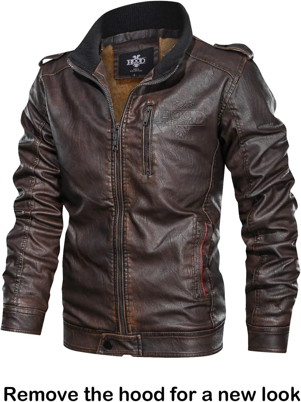 HOOD CREW Men’s Black Brown Coffee Stand Collar Warm PU Faux Leather Zip-Up Motorcycle Jacket with a Removable Hood