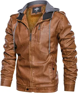 HOOD CREW Men’s Black Brown Coffee Stand Collar Warm PU Faux Leather Zip-Up Motorcycle Jacket with a Removable Hood