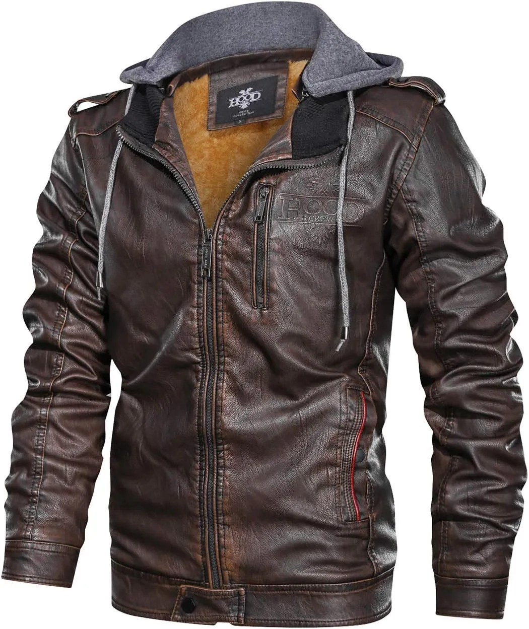HOOD CREW Men’s Black Brown Coffee Stand Collar Warm PU Faux Leather Zip-Up Motorcycle Jacket with a Removable Hood