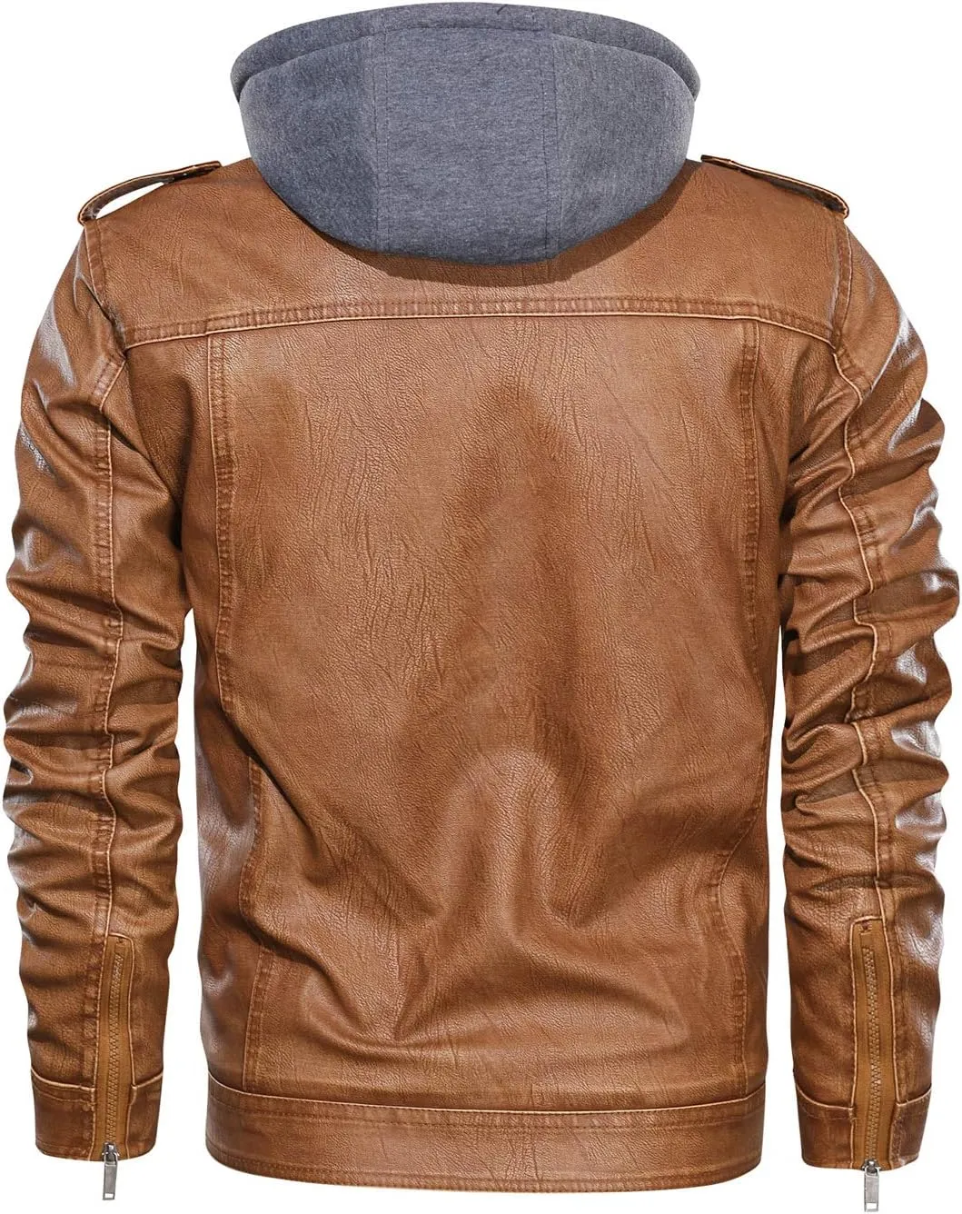 HOOD CREW Men’s Black Brown Coffee Stand Collar Warm PU Faux Leather Zip-Up Motorcycle Jacket with a Removable Hood