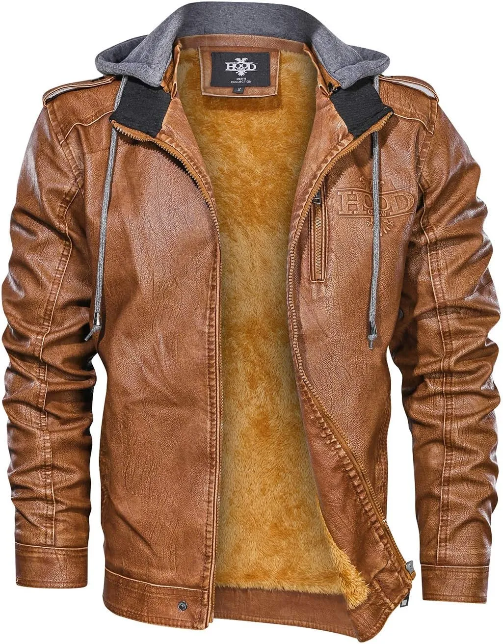 HOOD CREW Men’s Black Brown Coffee Stand Collar Warm PU Faux Leather Zip-Up Motorcycle Jacket with a Removable Hood