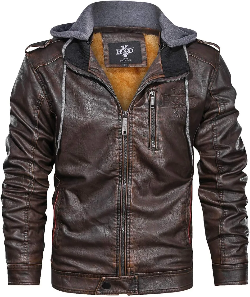 HOOD CREW Men’s Black Brown Coffee Stand Collar Warm PU Faux Leather Zip-Up Motorcycle Jacket with a Removable Hood