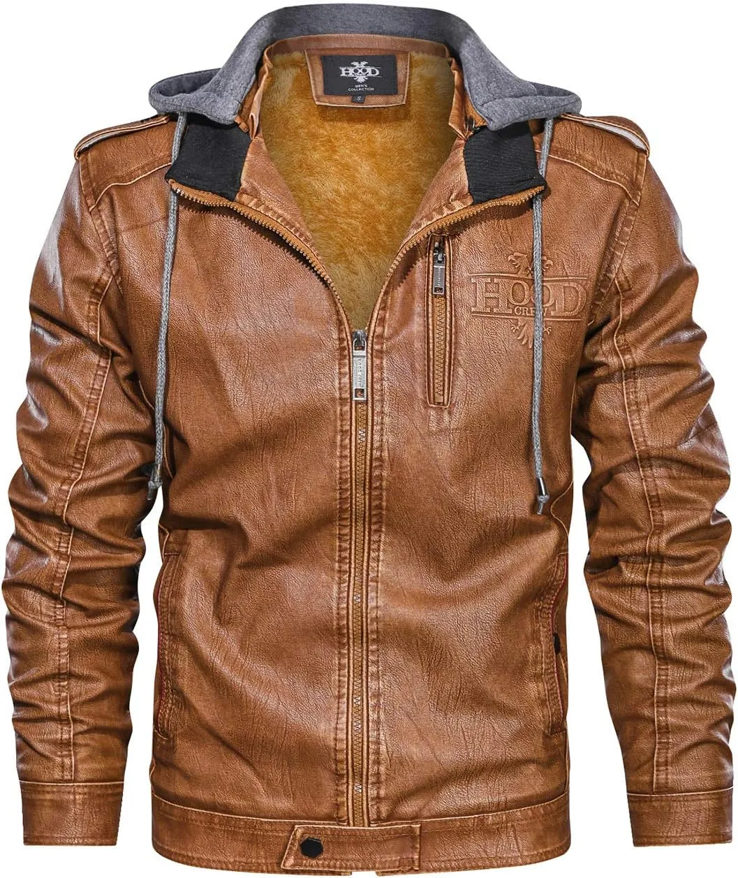 HOOD CREW Men’s Black Brown Coffee Stand Collar Warm PU Faux Leather Zip-Up Motorcycle Jacket with a Removable Hood