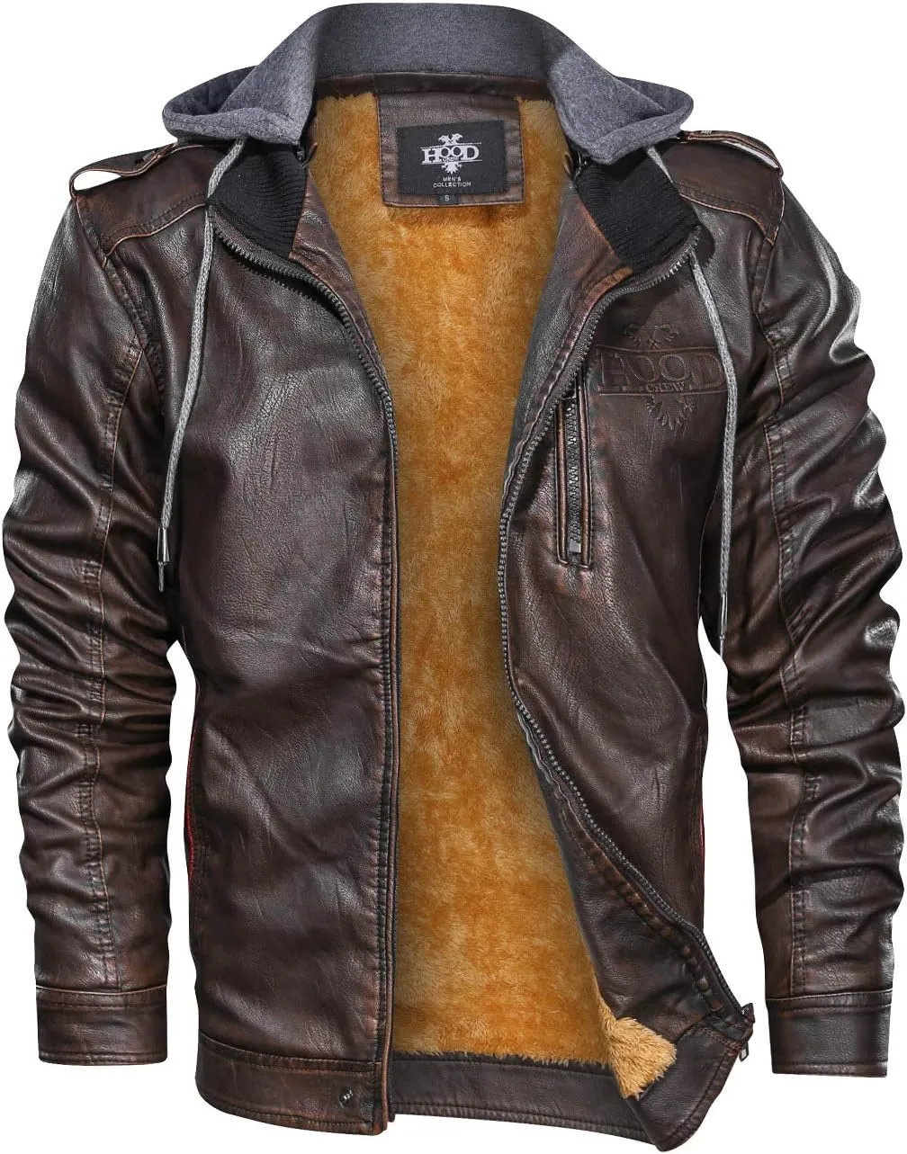 HOOD CREW Men’s Black Brown Coffee Stand Collar Warm PU Faux Leather Zip-Up Motorcycle Jacket with a Removable Hood