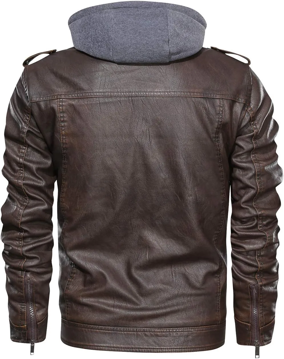 HOOD CREW Men’s Black Brown Coffee Stand Collar Warm PU Faux Leather Zip-Up Motorcycle Jacket with a Removable Hood