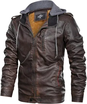 HOOD CREW Men’s Black Brown Coffee Stand Collar Warm PU Faux Leather Zip-Up Motorcycle Jacket with a Removable Hood