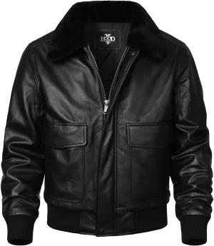 HOOD CREW Men’s Genuine Leather Flight Bomber Jacket Air Force Aviator Outerwear Jackets with Removable Fur Collar