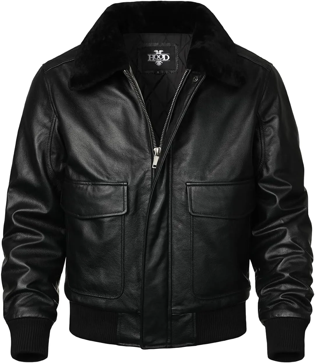 HOOD CREW Men’s Genuine Leather Flight Bomber Jacket Air Force Aviator Outerwear Jackets with Removable Fur Collar