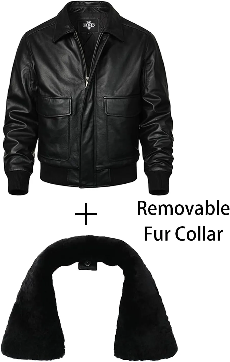 HOOD CREW Men’s Genuine Leather Flight Bomber Jacket Air Force Aviator Outerwear Jackets with Removable Fur Collar