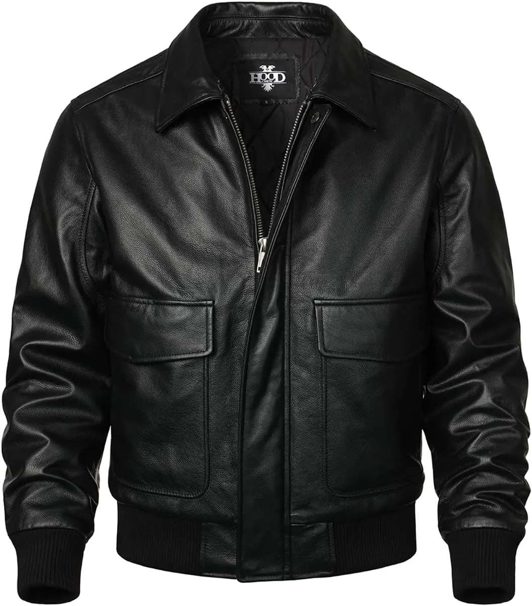 HOOD CREW Men’s Genuine Leather Flight Bomber Jacket Air Force Aviator Outerwear Jackets with Removable Fur Collar