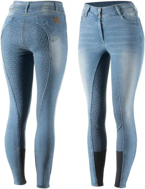 HORZE Kaia Womens Denim Horse Riding Pants | High Waist Silicone Full Seat Breeches | Accurate Size Chart